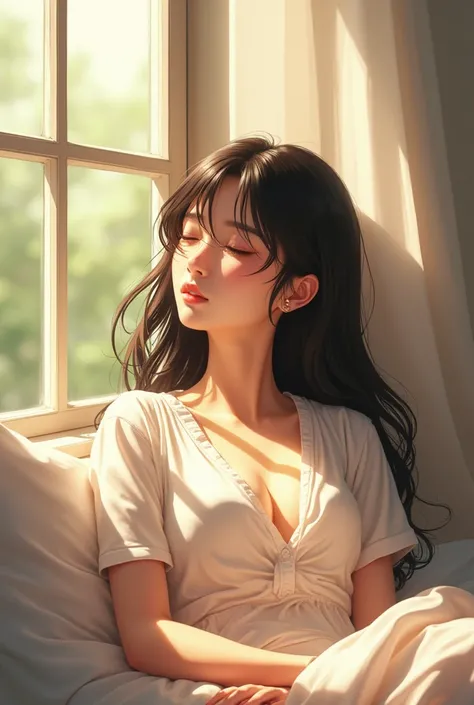  Black-haired girl white skin in front of a window, She is sunbathing ,  has a white blouse with a neckline  