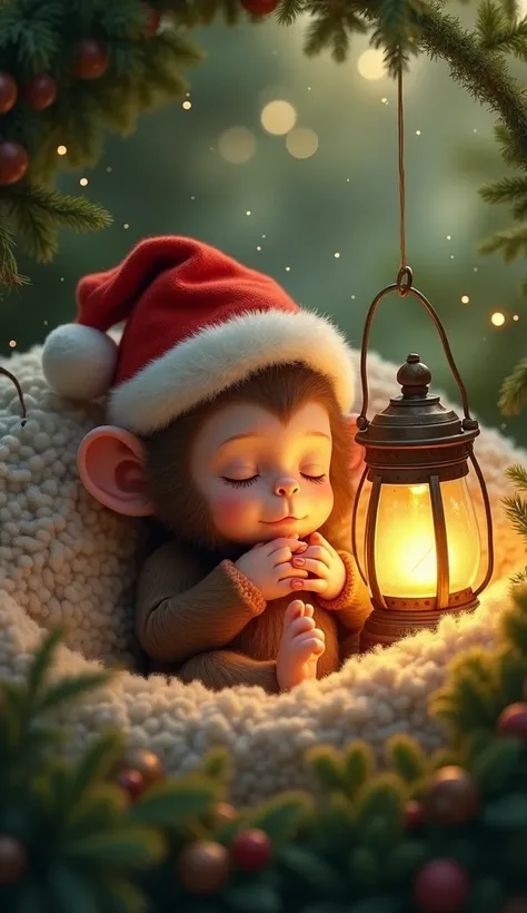 "A cozy, adorable baby monkey sleeping peacefully in a soft mossy forest bed, surrounded by a warm, magical glow. The monkey is wearing a tiny, festive red Christmas hat and a small, buttoned pajama set, with its tiny hands resting gently on its chest. A v...