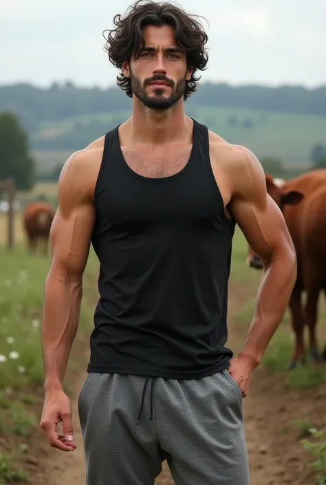 white guy, 28 years old,  dark curly hair средней длины , bristle,  fit stature, is wearing a black tank top and gray sweatpants, standing on the farm 