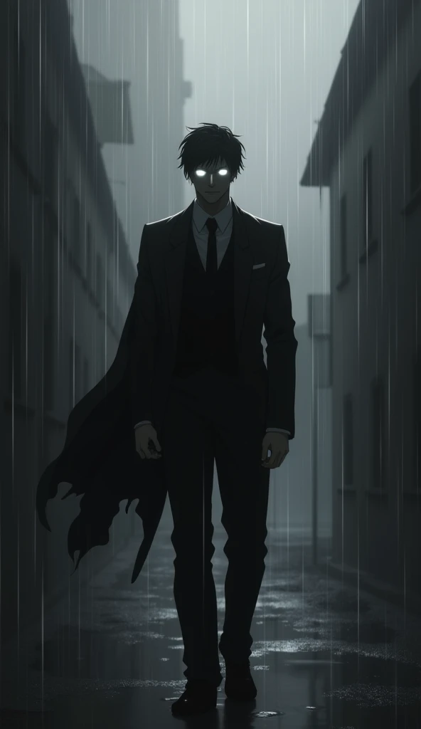 A haunting silhouette in the rain. the silhouette of a man in a suit. grayish scenery. Raindrops. medieval scene. black and white. anime style. Bright white eyes in the darkness. Anime style. Dinamic pose. Silhouette.