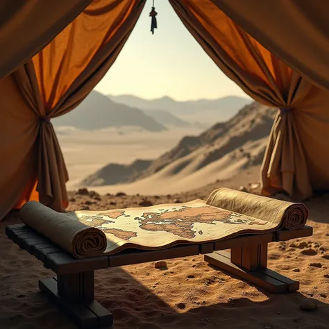 ancient map lying on wooden bench inside desert tent, 1000BC hills, desert, film grain, cinematic film