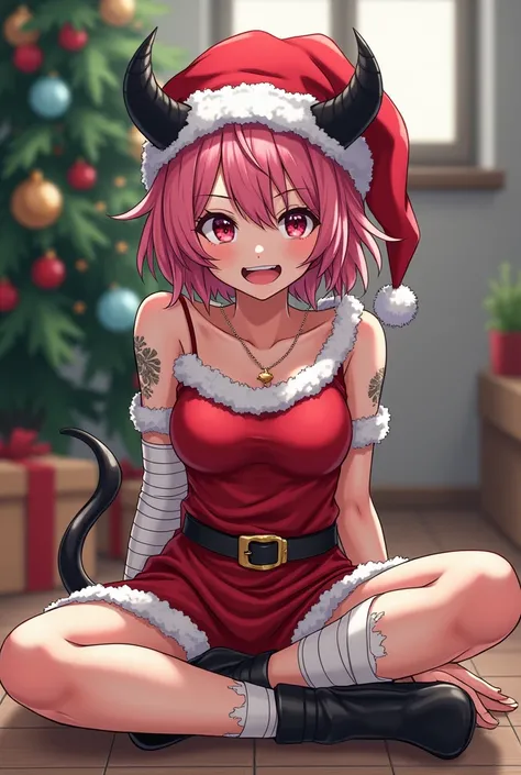 25 year old girl,  A little muscular , short, disheveled pink hair . Sitting cross-legged on the floor . Christmas attire,  worn and slightly torn.  Bandages on one of your arms . Carefree expression .  Black demon horns on her head and a slightly broken C...