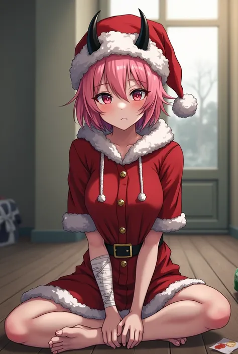 25 year old girl,  A little muscular , short, disheveled pink hair . Sitting cross-legged on the floor . Christmas attire,  worn and slightly torn.  Bandages on one of your arms . Expression of discomfort from wearing those clothes.  Black demon horns on h...