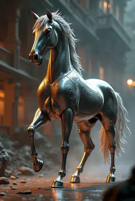  A captivating cinematic image of a shiny metallic horse,  of a painting , of a poster ,  of a cutscene 