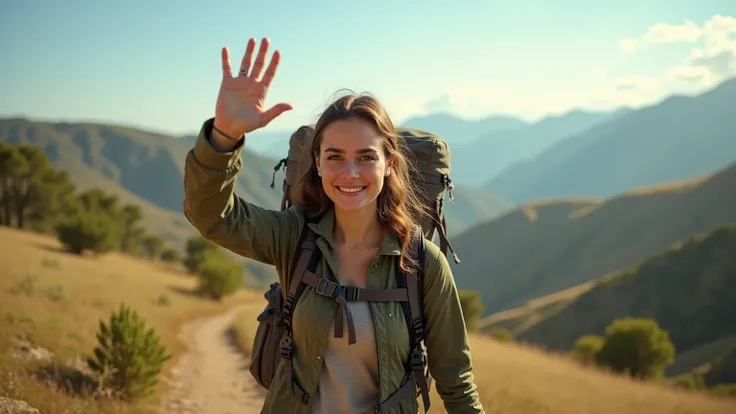 A female backpacker waving her hand before leaving for a trip