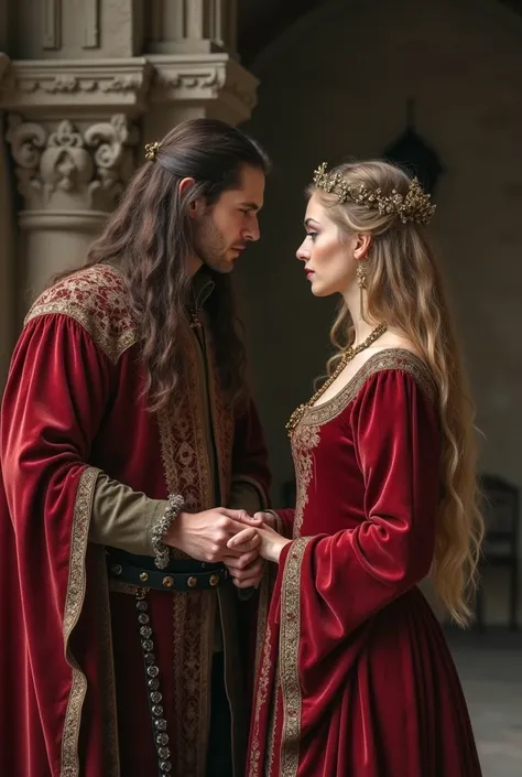 THE PRINCESS OF THE CASTLE GIVES THE GENTLEMAN WITH SEMI-LONG HAIR , THEY BOTH HOLD A WOMENS BELT IN THEIR HANDS AND YOU CAN TELL THAT ITS HANGING. EVERYTHING HAPPENED IN MEDIEVAL TIMES WITH MEDIEVAL CLOTHING