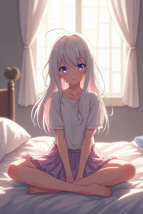  white hair boy in skirt sit on bed
anime 