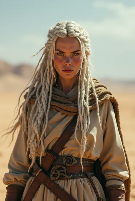 1 female viking, long white hair, braided hair, wearing a caftan, unsightly face, 26 years old, desert background