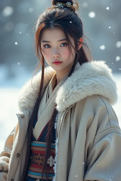 (highest quality, 8K, 32K), (high intaglio printing model), realistic, high resolution, 1 Japanese woman, solo, (****ta costume), gorgeous costume, facing audience, (upper body, upper limbs), beautiful eyes, brown hair, ringed eyes, (outside, heavy snow, t...