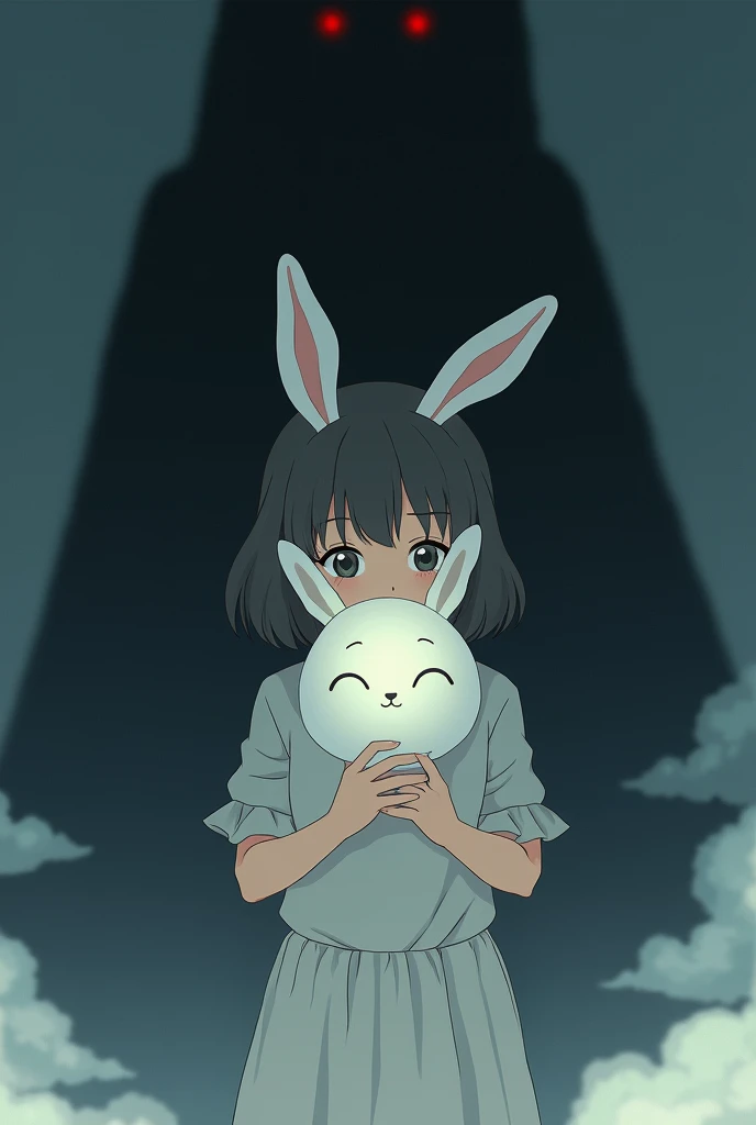 A girl wearing a gray dress ,  in her hands she has a stuffed rabbit, On his face he has a white mask and behind it a black shadow in the anime version