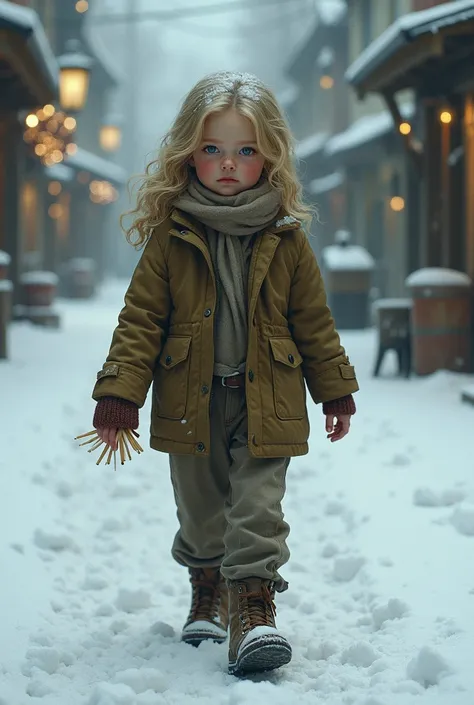  Draw a picture of a  with snow-white skin and wavy blond hair, with worn clothes ,  big old shoes ,  walking through the snowy streets ,  with matches in her hand ,  on a New Years evening 