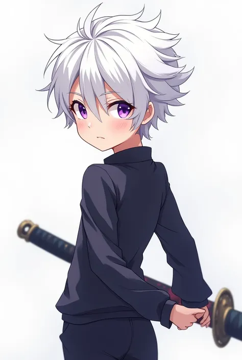 white haired boy, White eyebrows and purple eyes,  animation, Jujutsu no Kotsu Kotsu Yutas clothes and a sword on his back