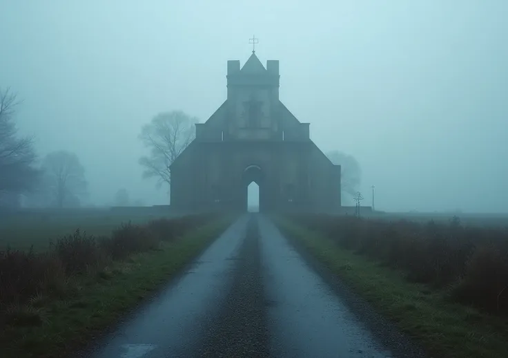 1	" A lonely and deserted road , covered in dense mist,  leading to an ancient and imposing church in the background , where the door is half open ,  suggesting that something mysterious is about to be revealed."