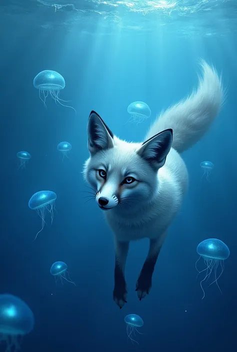  A fox with gray eyes swims in the ocean  , with blue jellyfish swimming around her . The name “JellyFox” is right in the center of the picture.The fox is handsome and beautiful 