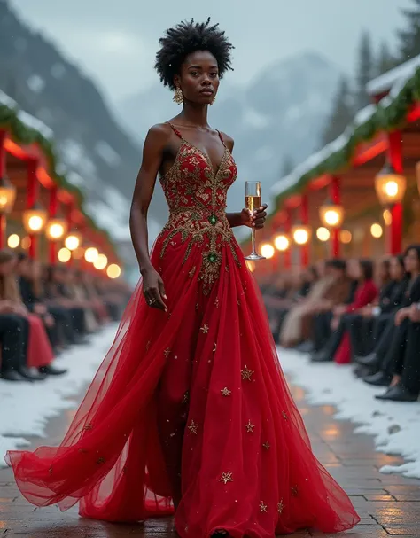 A stunning African woman steps onto the catwalk, her dark skin glowing in the soft light of the oil lamps that line the runway. She wears a red Christmas dress with intricate green and gold embroidery, the colors of the season reflecting in her elegant att...