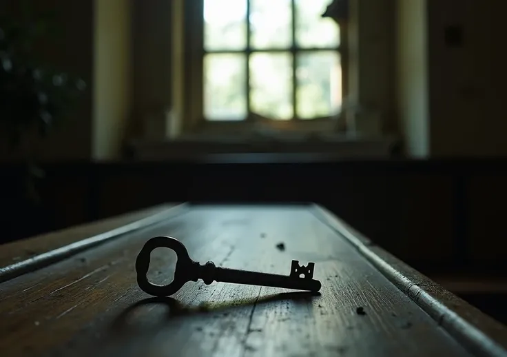 7	" The camera focuses on an old key resting on an empty altar. In the background,  a broken window reflects faint light ,  creating a sense of something lost in time , waiting to be rediscovered ."