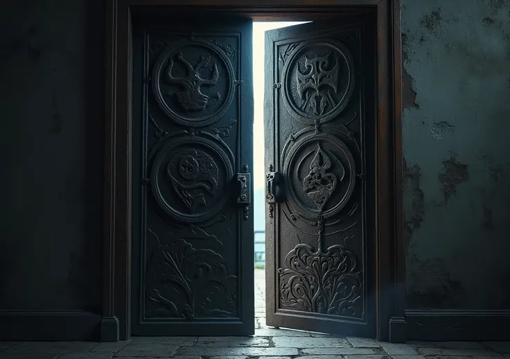 8	" A massive iron door with mysterious symbols engraved , half open,  leaving only a slit of dark light to leak .  The light of the slit seems to invite you to look at what is on the other side, but something prevents the full view ."