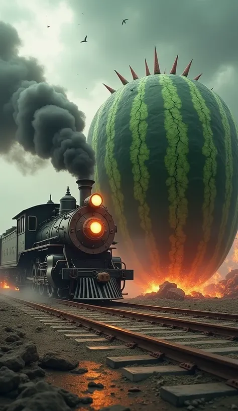 Create a surreal, highly detailed image of a massive train and a giant watermelon locked in a tense standoff, both exuding aggression. The train, a powerful steam engine with glowing headlights, emits dark clouds of smoke, its metallic body gleaming with s...