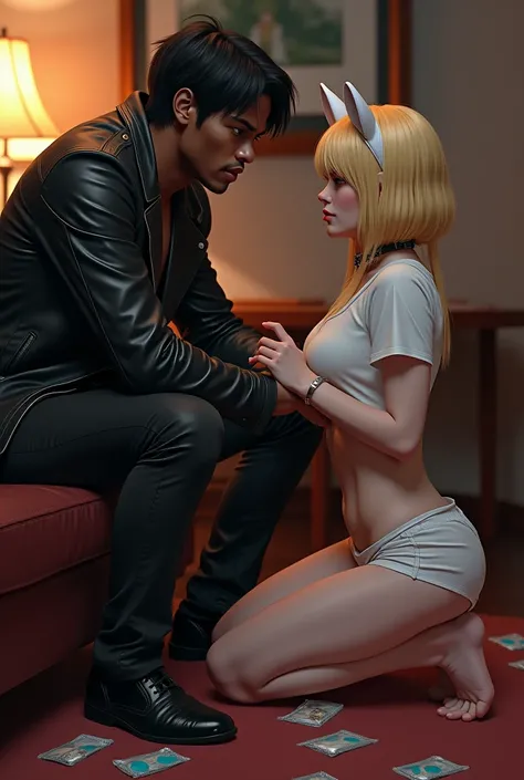 Generate Bdsm gay couple. Dominant African black man in black leather jacket, black hair, and pant sitting on the chair looking at his submissive petite  white man, blonde hair in white t-shirt and shorts, big lips, big hips, big huge tits, bimbo, gyaru, s...