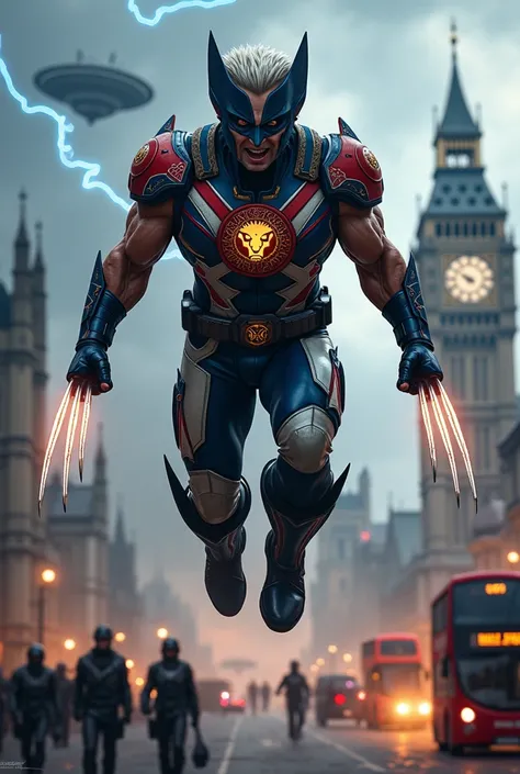 UK Wolverine reimagined as a modern British hero, leaping into battle amidst a futuristic urban skirmish. His armor is a regal combination of navy blue, red, and white, inspired by the Union Jack, with a glowing emblem of a lion rampant on his chest, symbo...