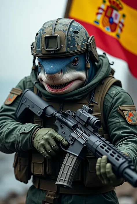 Spanish military shark with helmet holding an HK G36 and Spanish flag
