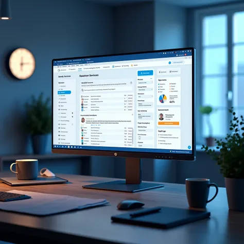 An ultra-realistic modern office environment showcasing the integration of external services. A high-resolution monitor displays a platform like Zapier, API documentation, or a custom integration tool connecting systems such as CRMs, analytics platforms, o...