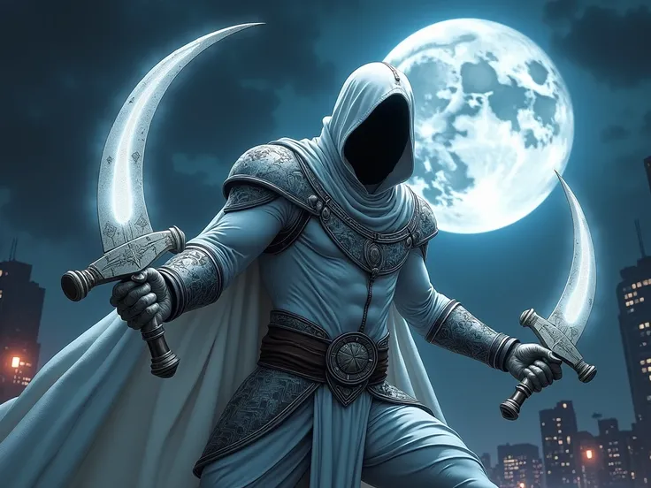 Hyper-detailed artwork of Marvel’s Moon Knight in an intense, dynamic pose, set against a dark and mysterious night sky with a glowing full moon. His iconic white costume gleams with intricate textures of fabric and armor, illuminated by subtle moonlight r...