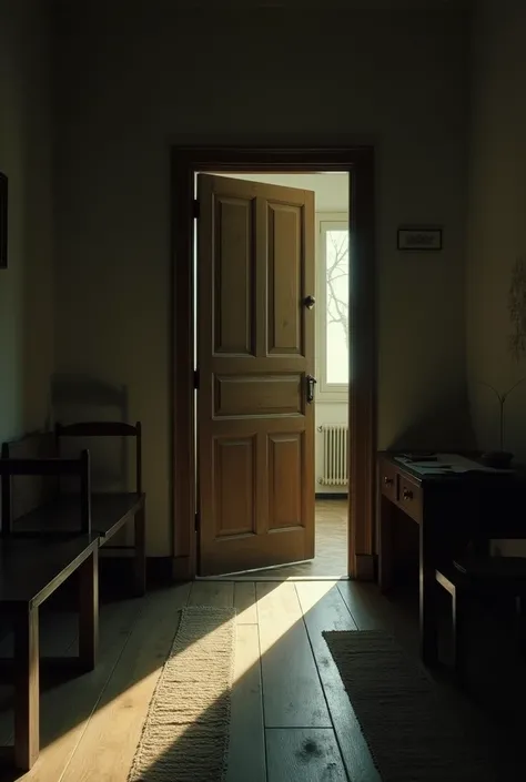 "A melancholic and tense room inspired by Franz Kafkas The Metamorphosis. The focus is on a closed wooden door at the center, with soft, warm light spilling through the edges, casting faint shadows on the wooden floor. The room is modestly furnished with s...