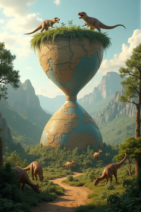 In the background a brown , Hourglass,  world map of planet Earth and dinosaurs and how do you plant
