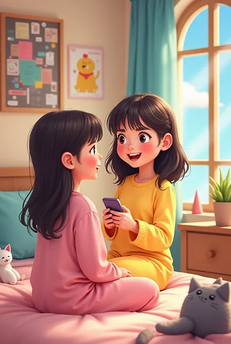  Create a 2D cartoon image with a girl in her bed making a video call with her boy who is somewhere else, The two of them are in pajamas  