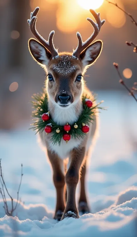 Imagine standing in a snow-covered meadow at twilight, the air crisp and quiet, except for the soft crunch of snow beneath your boots. In front of you, a baby reindeer steps delicately into view, its soft, velvety fur glowing warmly against the icy backdro...