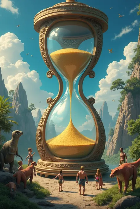 In the background a brown , Hourglass,  world map of planet Earth and dinosaurs and how do you plant, The first human evolutions 