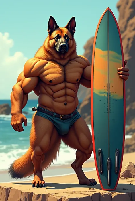 A muscular German Shepherd posing with his surfboard 