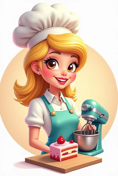  I want you to make me a cartoon of a blonde haired postry chef with a roller on one side, with a mixer making a mix for cake and piece of cake that is on one side .  Its for a profile of a brand ,That the image is in a circular frame ,  the brand is calle...