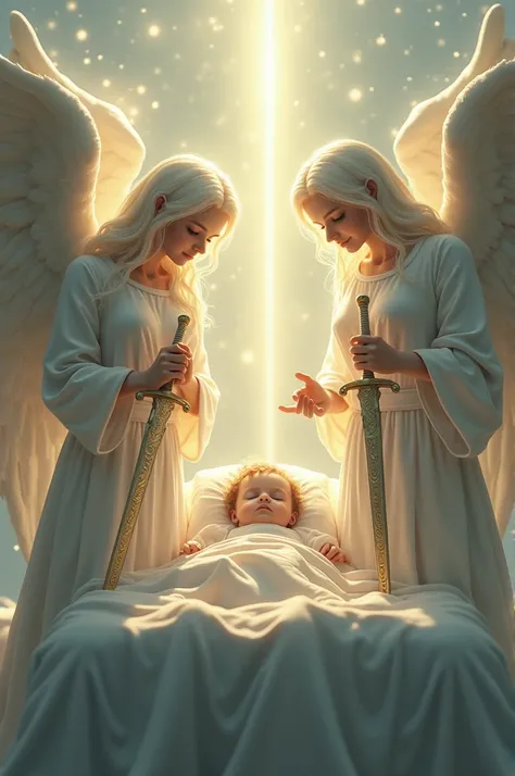 A baby sleeping on a bed with two angels with big sword one by the left side of the bed and the other side of the bed 