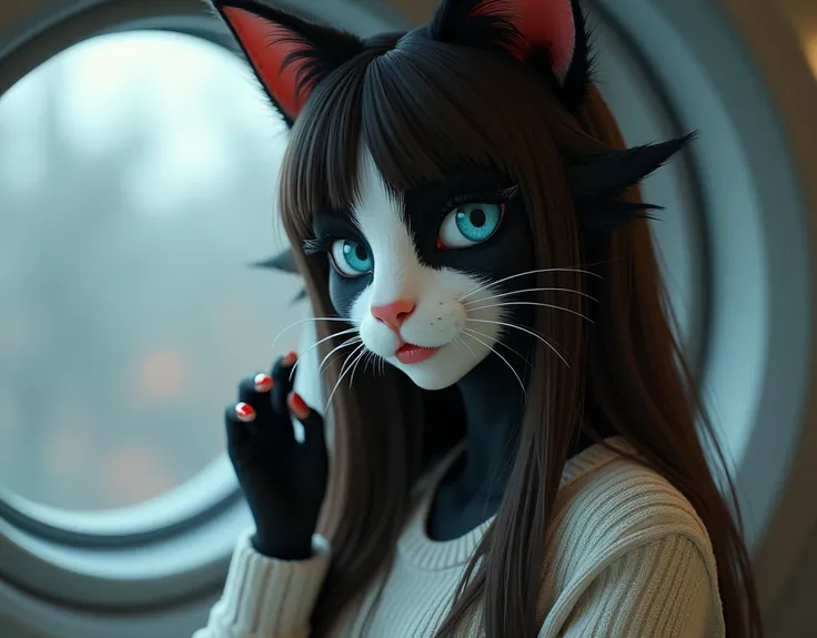 (photorealism1.2), female anthropomorphic furry cat, black fur, white spot in midle of face civering 30% from face and neck, blue cyan eyes, white sclera, deatailed eyes,  eyelashes, brown straight long hair, eyebrows, red nails, light beige sweater, jeans...