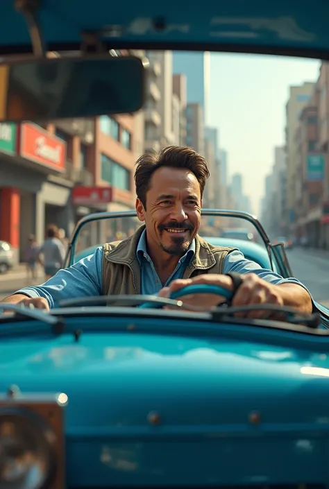  Tony Stark driving a blue beetle on a street in São Paulo.  The view is perspective and clearly shows the face of Tony . He looks at the camera with a smile . Hes without glasses