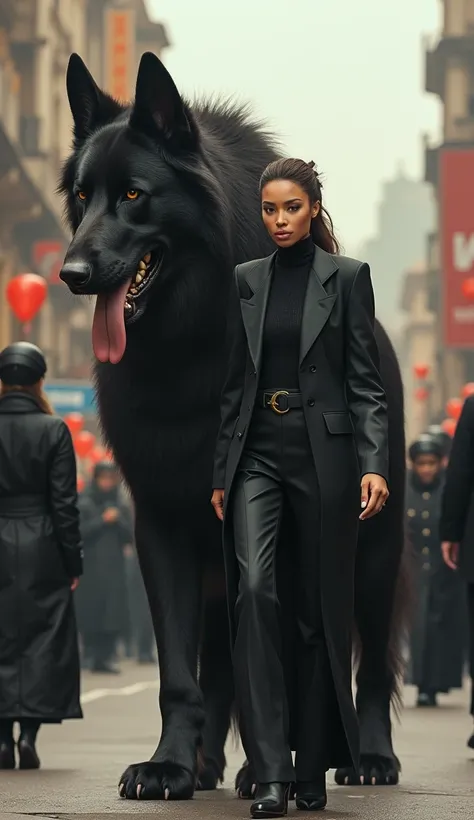 Surrealistic scenes in photorealistic style. A beautiful woman wearing all black is walking with a huge dog in a busy town. The beautiful woman is wearing an elegant black outfit and has a confident expression on her face. The giant dog walks beside her wi...