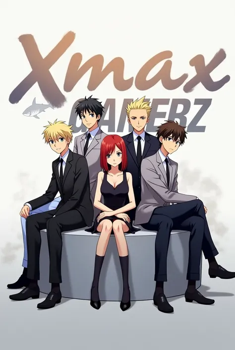 Full shot of a promotional image or cover art, likely for an anime or manga. Five anime-style characters are seated or posed in a group. The characters have varying hairstyles and clothing. Four of them are in suits or formal attire, with different shades ...