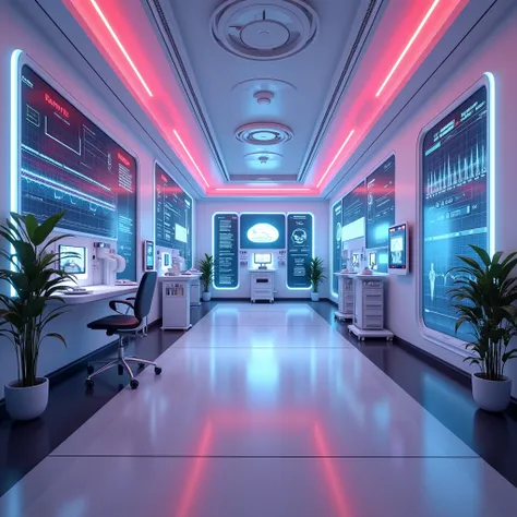  futuristic clinic with LED screens for medical statistics and cardiograms. empty clinic and neon lights 