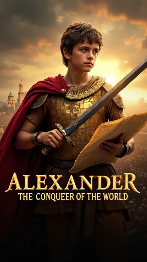 " Epic portrait of Alexander the Great ,  represented as a young and intrepid conqueror ,  dressed in golden armor with intricate details ,  holding a sword in one hand and pointing towards an ancient map Brilliant with the other.  The background presents ...