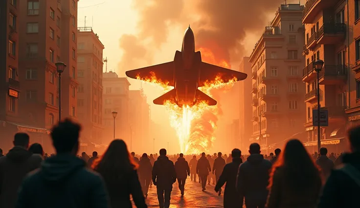 Mikoyan-Gurevich MiG-31 fighter jet in flames, falling from the sky into a city; desperate people on the streets;    detailed features, complex clothing textures, warm lighting, photorealistic, cinematic composition, vibrant colors, depth of field, (best q...