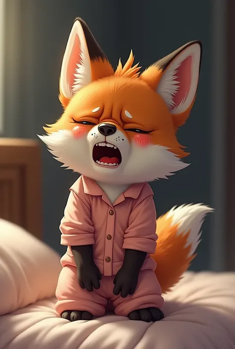 small anthropomorphic, puppy, , male orange fox cub with eyes closed, crying and screaming scared, with tears in eyes , wearing light pink pajamas., glasses, Hands and legs tied,  with an erect penis, forced to have sex with adult male wolf, With an angry ...