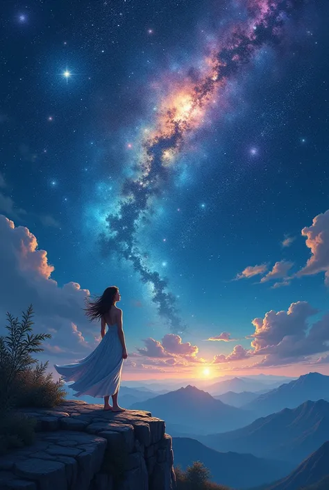 
" A highly detailed illustration of a woman looking at a galaxy It is.  She is standing on a rocky cliff ,  under a night sky illuminated by countless stars ,  nebulae and vibrant cosmic colors , like blue, purple and gold.  Her face is softly illuminated...