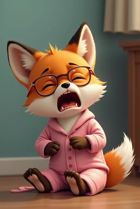 small anthropomorphic, puppy, , male orange fox cub with eyes closed, crying and screaming scared, with tears in eyes , wearing light pink pajamas., glasses, Hands and legs tied,  with an erect penis, forced to have sex with adult male wolf, puppy style, a...