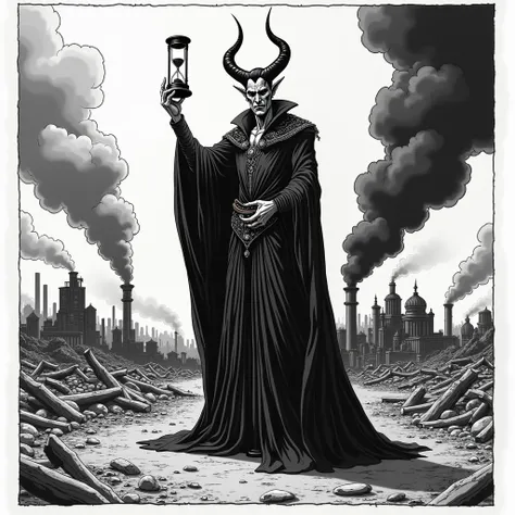 Manga style drawing in Miura style, Satan holds an empty hourglass, in the background you can see a city in ruins and industries