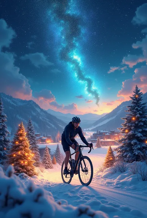 Image of a cyclist pedaling amidst a Christmas landscape with a dazzling sky 