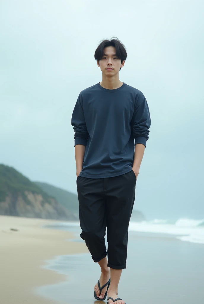 Japanese male, 20 years old, two block straight hair,Dark blue long sleeve t-shirt,Black 3/4 parka pants,Flip flops, Both arms in trouser pockets,Walk,Front look,Camera zoom from bottom to top,Beach background,Very realistic, finest details, very natural, ...