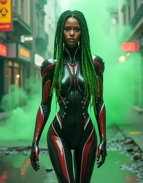 An android with a head of a beautiful human female, the hair is long and shaped in fat dreadlocks made of transparent glass tubes that have a fluorescent green liquid in them, the body of the android resembles the body of  human female but is built from th...