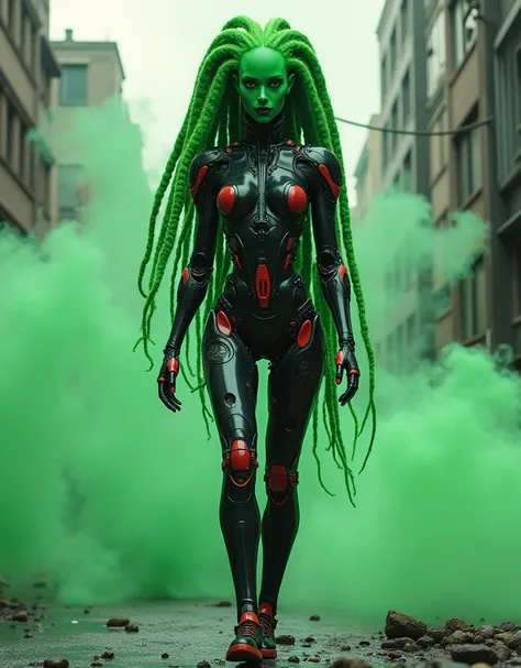 An android with a head of a beautiful human female, the hair is long and shaped in fat dreadlocks made of transparent glass tubes that have a fluorescent green liquid in them, the body of the android resembles the body of  human female but is built from th...